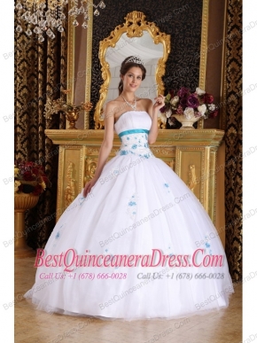 White Ball Gown Strapless Floor-length Satin and Tulle Appliques Quinceanera Dress