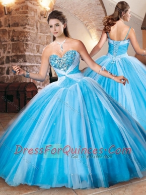 Exclusive Beaded Bust Baby Blue Sweet 16 Dress in Tulle