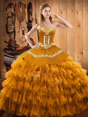 Attractive Gold Lace Up Sweetheart Embroidery and Ruffled Layers Quinceanera Gowns Satin and Organza Sleeveless