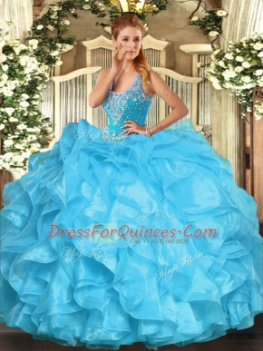 Fine Floor Length Aqua Blue Ball Gown Prom Dress Organza Sleeveless Beading and Ruffles