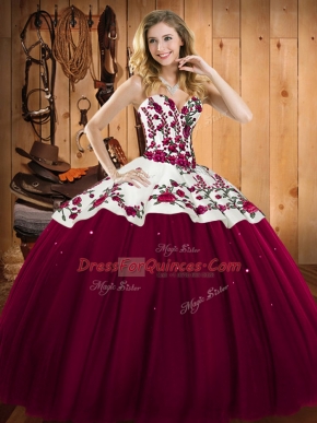 Custom Designed Burgundy Sweetheart Neckline Embroidery Sweet 16 Dress Sleeveless Lace Up
