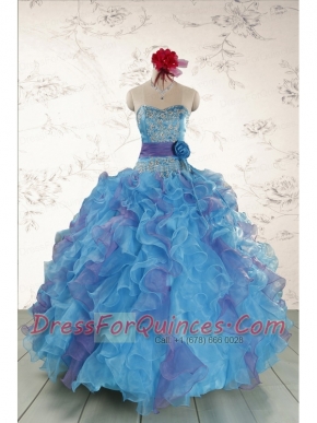 2015 Pretty Strapless Appliques and Ruffles QuinceDress in Multi Color
