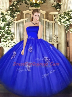 Blue Tulle Zipper Strapless Sleeveless Floor Length 15 Quinceanera Dress Appliques