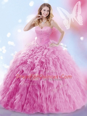 Sleeveless Tulle Brush Train Lace Up Quinceanera Gown in Rose Pink with Beading and Ruffles