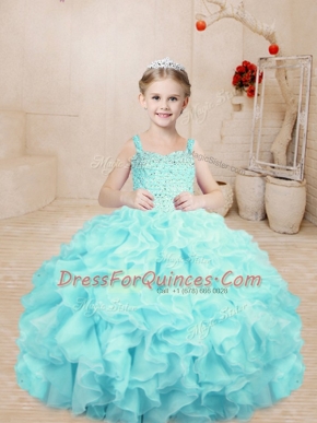 Latest Organza Sleeveless Floor Length Little Girls Pageant Dress and Beading and Ruffles