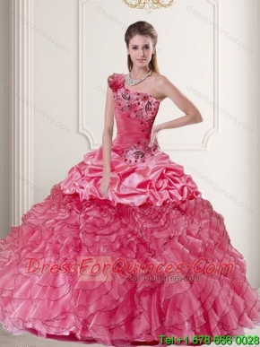 2015 Feminine One Shoulder Watermelon Cheap Quince Dresses with Pick Ups and Ruffles