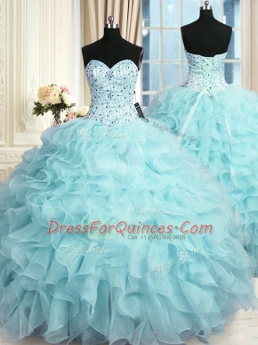 Fine Aqua Blue Vestidos de Quinceanera Military Ball and Sweet 16 and Quinceanera and For with Beading and Ruffles Sweetheart Sleeveless Lace Up