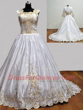 Taffeta Square Sleeveless Brush Train Zipper Embroidery Sweet 16 Dresses in White