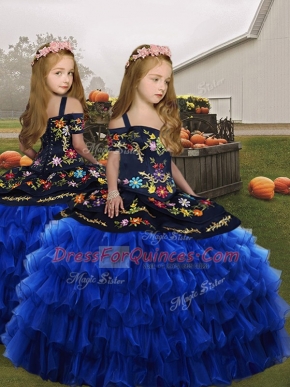 Royal Blue Sleeveless Floor Length Embroidery Lace Up Little Girls Pageant Dress