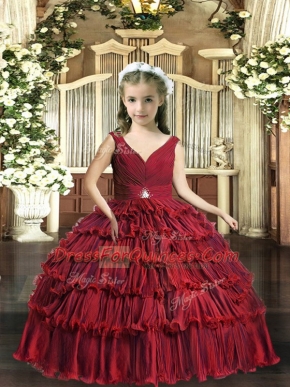 Red Ball Gowns Beading and Ruffled Layers Pageant Dress Toddler Backless Sleeveless Floor Length