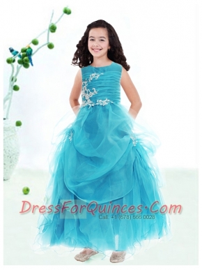 Popular A-Line Scoop Appliques Flower Girl Dress in Blue for 2014