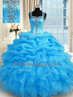 Baby Blue Zipper Straps Beading Quinceanera Gowns Organza Sleeveless