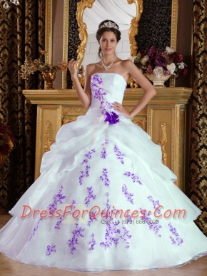 Strapless A-line/Princess White and Purple Organza Appliques Spring Quinceanera Dresses 2014
