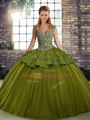 Charming Olive Green Lace Up Quinceanera Dress Beading and Appliques Sleeveless Floor Length