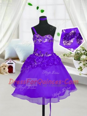 Sleeveless Lace Up Knee Length Beading and Hand Made Flower Flower Girl Dress