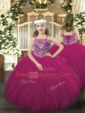Straps Sleeveless Tulle Pageant Gowns For Girls Beading and Ruffles Lace Up