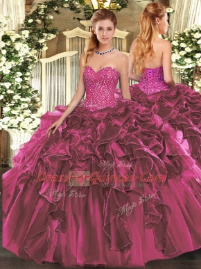 Glittering Burgundy Ball Gowns Organza Sweetheart Sleeveless Beading and Ruffles Floor Length Lace Up Sweet 16 Dress