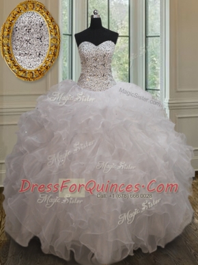 Stunning White Sweetheart Neckline Beading and Ruffles 15th Birthday Dress Sleeveless Lace Up
