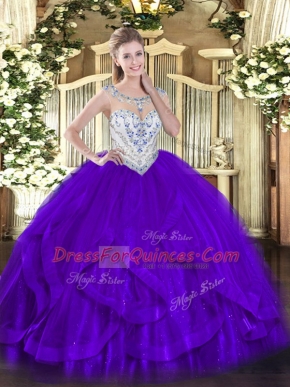 Comfortable Floor Length Purple 15 Quinceanera Dress Scoop Sleeveless Zipper