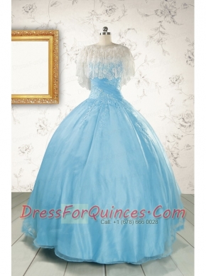 2015 Puffy Beading Baby Blue Quinceanera Dress with Wraps