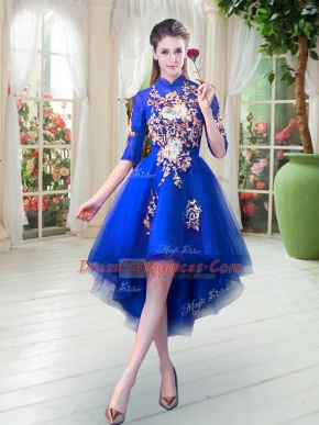Suitable Royal Blue Half Sleeves Appliques High Low Womens Party Dresses