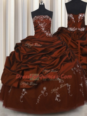 Classical Embroidery Burgundy 15th Birthday Dress Military Ball and Sweet 16 and Quinceanera and For with Beading and Appliques and Pick Ups Strapless Sleeveless Lace Up