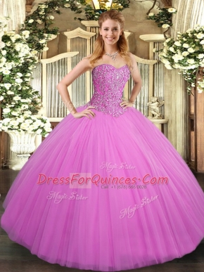 Hot Selling Lilac Sleeveless Tulle Lace Up Quinceanera Gown for Military Ball and Sweet 16 and Quinceanera