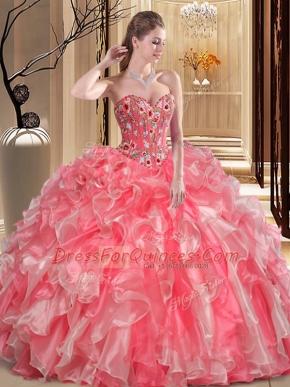 Floor Length Watermelon Red Quinceanera Dresses Organza Sleeveless Embroidery and Ruffles