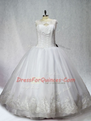 White Ball Gowns Scoop Sleeveless Organza Floor Length Lace Up Beading and Appliques Vestidos de Quinceanera