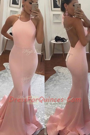 Mermaid Peach Prom Party Dress Prom and Party and For with Beading Spaghetti Straps Sleeveless Sweep Train Backless