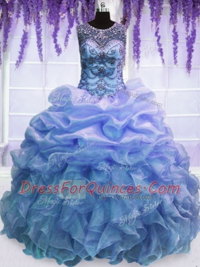 Scoop Organza Sleeveless Floor Length 15th Birthday Dress and Beading and Ruffles