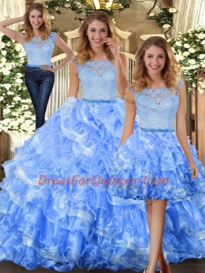 Floor Length Three Pieces Sleeveless Light Blue 15th Birthday Dress Zipper