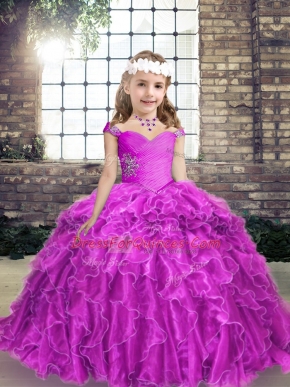 Fuchsia Straps Neckline Beading and Ruffles Little Girls Pageant Gowns Sleeveless Lace Up