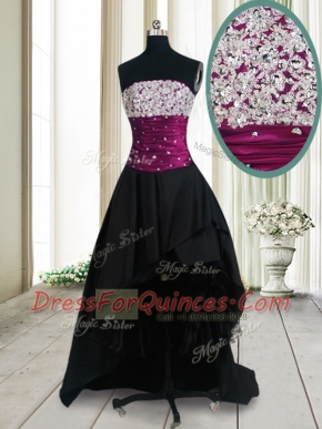 Sleeveless Taffeta High Low Lace Up Prom Evening Gown in Black with Beading