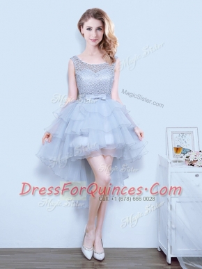 Scoop Sleeveless Lace and Ruffled Layers and Bowknot Lace Up Quinceanera Court Dresses