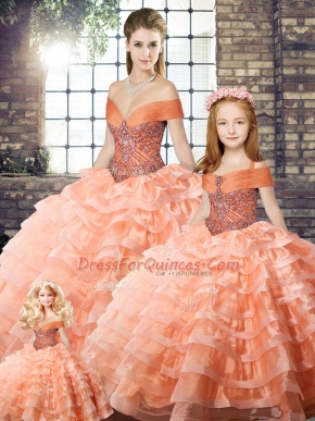 Sleeveless Beading and Ruffled Layers Lace Up Quinceanera Dress with Peach Brush Train
