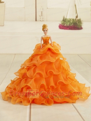 2015 Orange Organza Bowknot Barbie Doll Dress