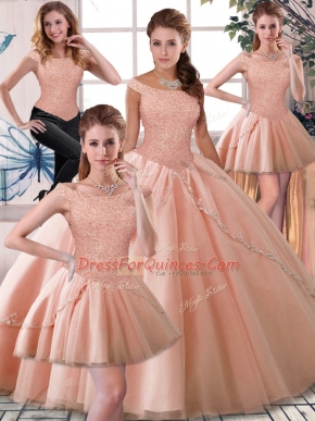 Modern Peach Lace Up Off The Shoulder Beading Quinceanera Gowns Tulle Sleeveless Brush Train