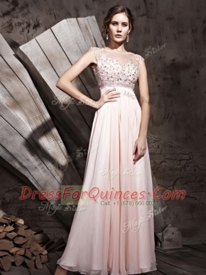Custom Fit Pink Column/Sheath Chiffon Scoop Sleeveless Beading Floor Length Side Zipper Evening Dress