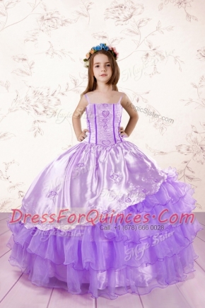 Sophisticated Lavender Ball Gowns Embroidery and Ruffled Layers Little Girls Pageant Gowns Lace Up Organza Sleeveless Floor Length