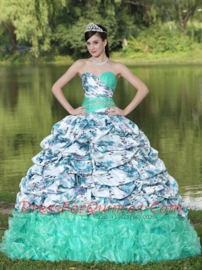 Fashinable Colorful Organza Beaded Brush Train Quinceanera Dress With Pick-ups and Ruffles
