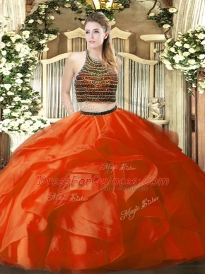 Orange Red Zipper Halter Top Beading and Ruffles Quinceanera Dresses Organza Sleeveless
