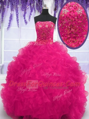 Artistic Strapless Sleeveless Organza Sweet 16 Dress Beading and Ruffles Brush Train Lace Up