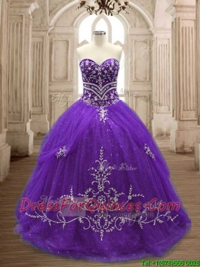 Hot Sale Brush Train Purple Quinceanera Dress with Appliques