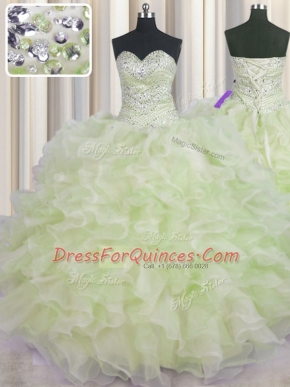 Eye-catching Yellow Green Sleeveless Organza Lace Up 15th Birthday Dress for Military Ball and Sweet 16 and Quinceanera
