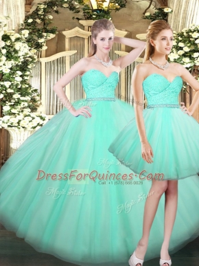 Ruching Ball Gown Prom Dress Aqua Blue Lace Up Sleeveless Floor Length