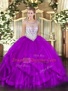Eggplant Purple Sleeveless Beading and Ruffles Floor Length 15 Quinceanera Dress
