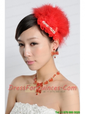 Red Luxurious Rhinestone Ladies' Jewelry Set Including Necklace And Headpiece