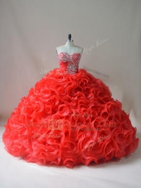 Modest Red Sleeveless Court Train Beading and Ruffles 15 Quinceanera Dress