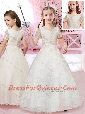 Lovely A Line V Neck Short Sleeves Applique Adorable Little Girl Pageantl Dress in Lace